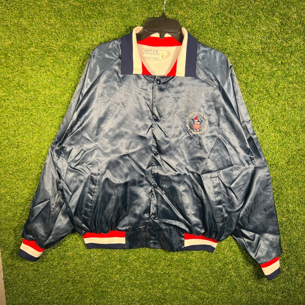 Vintage Artex USA Olympic Training Center Satin Bomber Jacket Navy XXL 80s USA